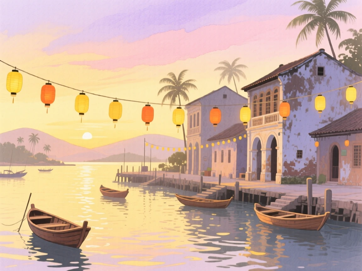 A picturesque view of a tropical island harbor with lanterns strung between old buildings, at golden hour