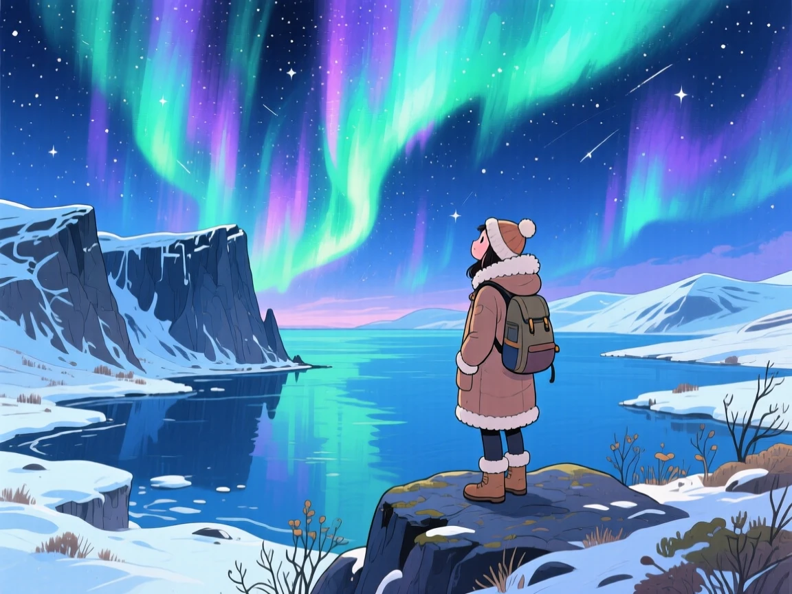 A traveler pauses to soak in the view amid the Northern Lights dancing above an Icelandic fjord, filled with the romance of travel.