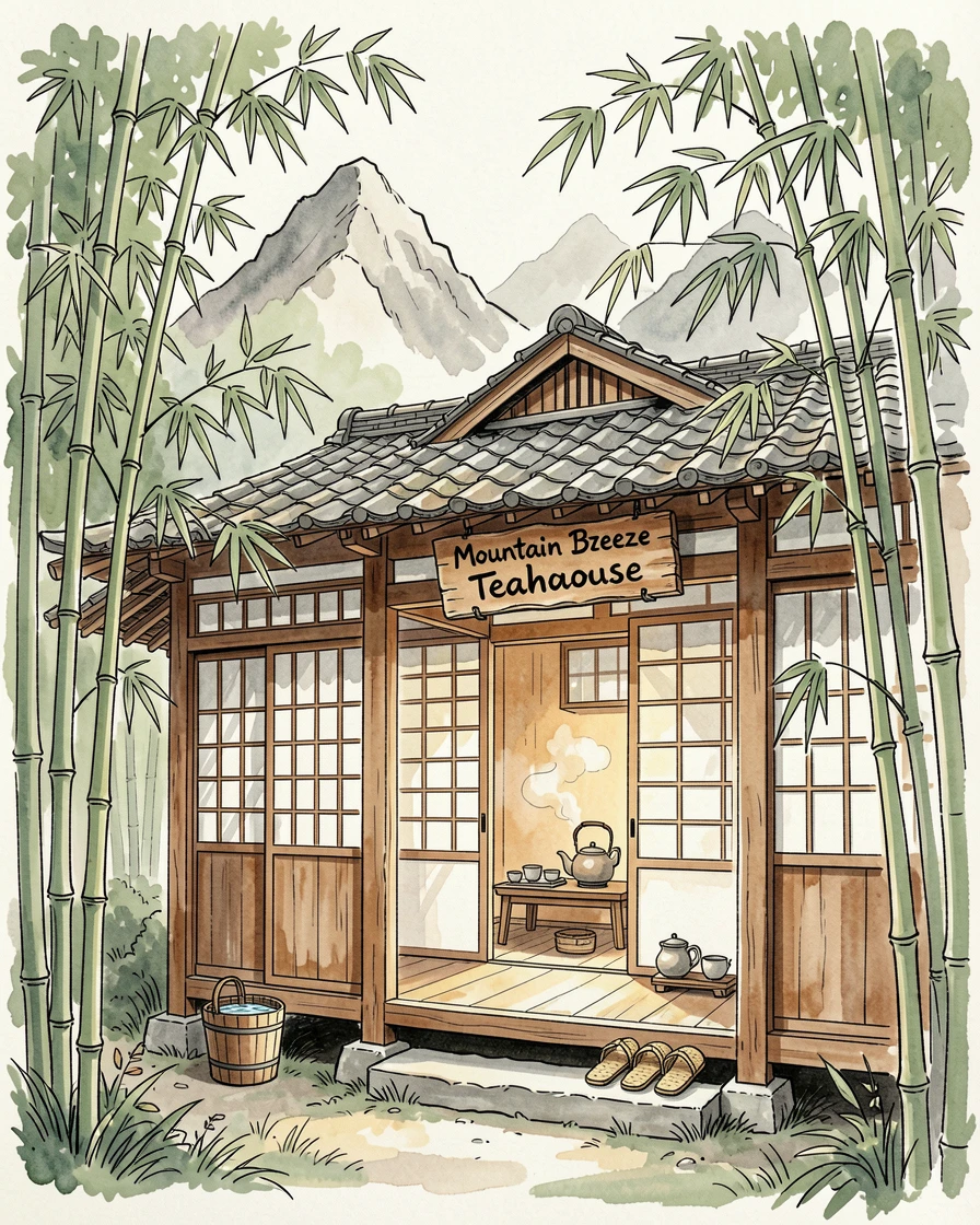 A traditional teahouse nestled among bamboo groves in the mountains, small details of daily life scattered throughout the setting.