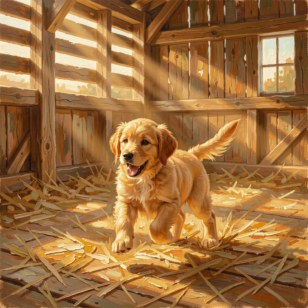 A golden retriever puppy playing in a sunlit meadow, its tail wagging happily, in a rustic barn filled with soft hay, at golden hour, casting a warm glow over everything.
