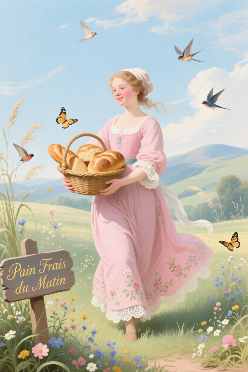 A farmer’s daughter carrying fresh bread through a meadow  