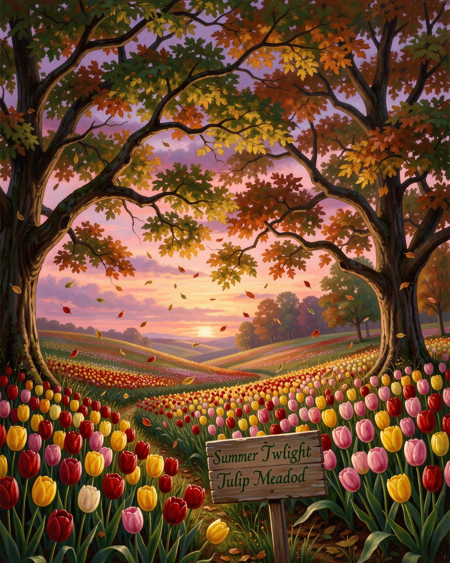 A field of tulips rolls across a summer meadow at twilight beneath a canopy of falling leaves.
