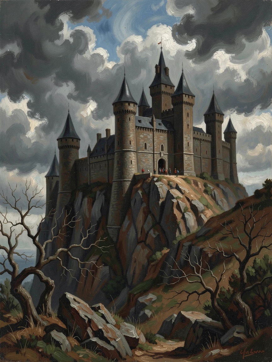 A dark castle silhouetted against a sky filled with swirling storm clouds, with a sense of scale that conveys awe and grandeur, evoking wonder, mystery, and epic storytelling