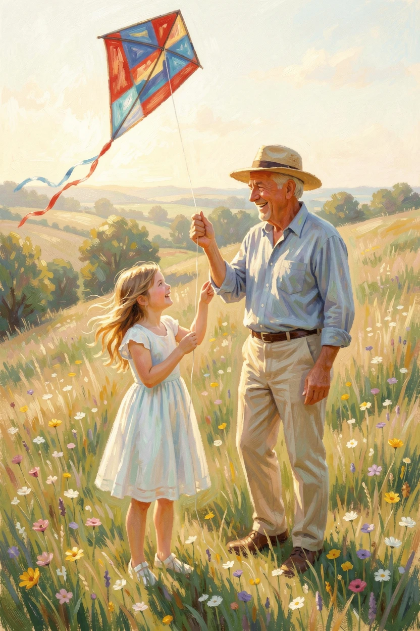 A little girl and her grandfather flying a homemade kite on a windy hilltop, during the height of summer, capturing a fleeting moment of pure happiness.
