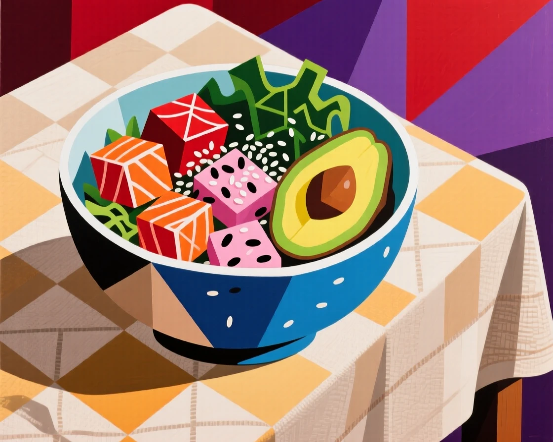A mouthwatering image of a bowl of vibrant poke topped with sesame set on a linen tablecloth for a festive gathering.