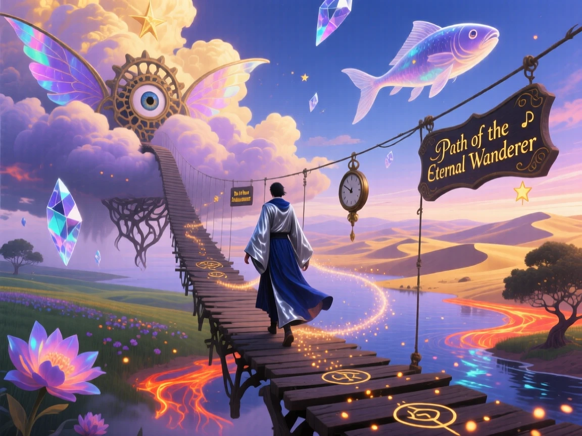 A lone traveler crossing a bridge suspended between two clouds travels onward through a landscape that shifts gently around them, while a faint trail of light marks the path behind them.
