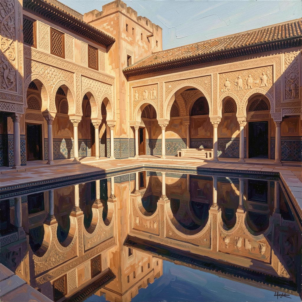 The Alhambra's intricate Islamic architecture glows warm in the afternoon sun, reflecting pools mirroring its ornate arches and courtyards perfectly, the changing light of the hour casting long shadows that add depth to every surface.