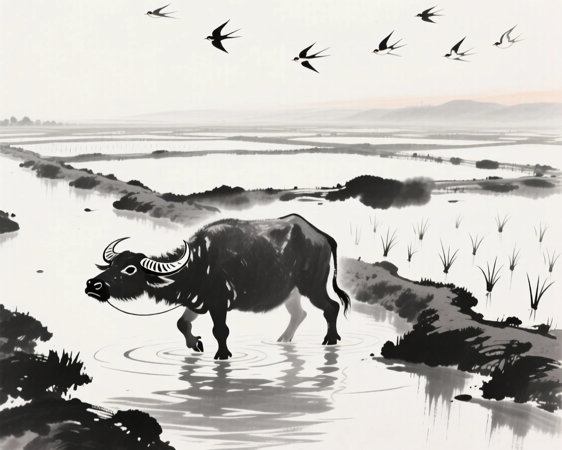 A water buffalo wades through a shallow irrigation channel, as birds wheel above the newly planted fields.