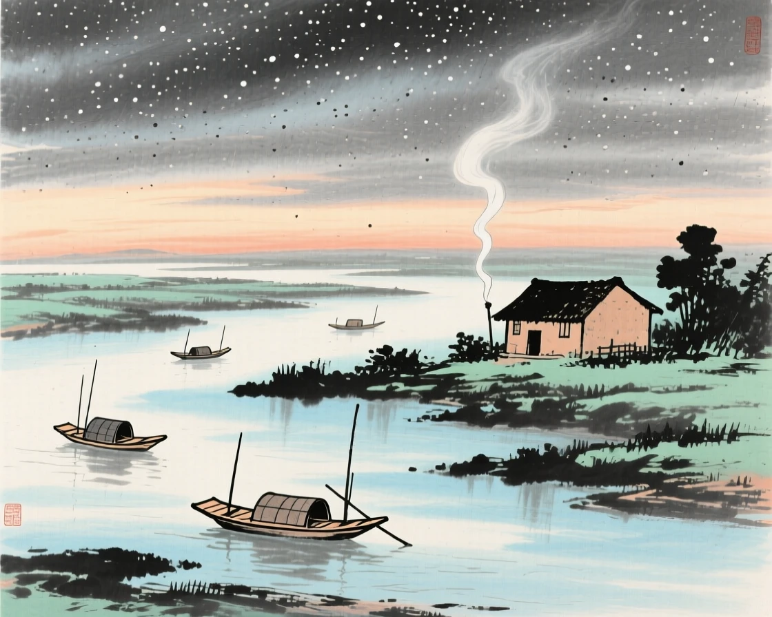 A wide river delta dotted with small fishing boats, with a thin trail of smoke rising from a distant hut, under clearing skies after a storm, under a sky full of stars, conveying a deep sense of harmony with nature.