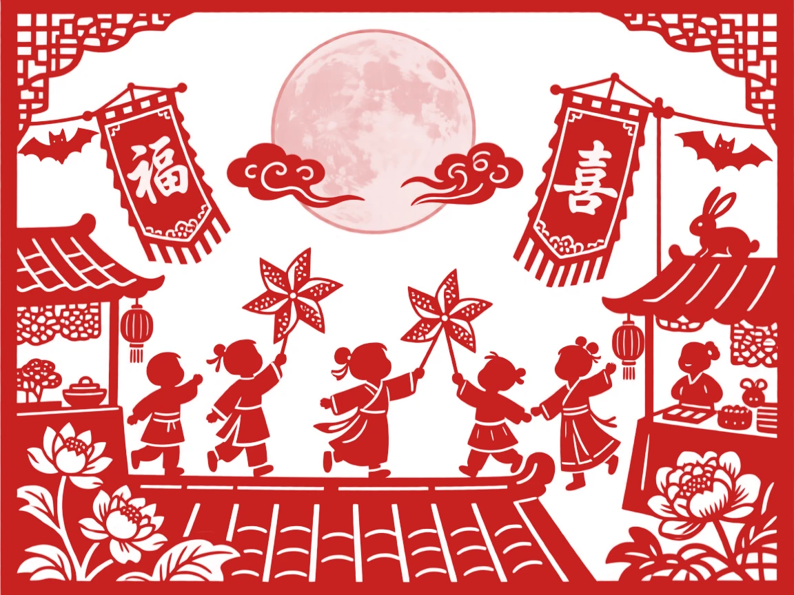 A scene of a rooftop moon-viewing gathering, where children weave between stalls chasing paper windmills, with banners embroidered with characters of good fortune.