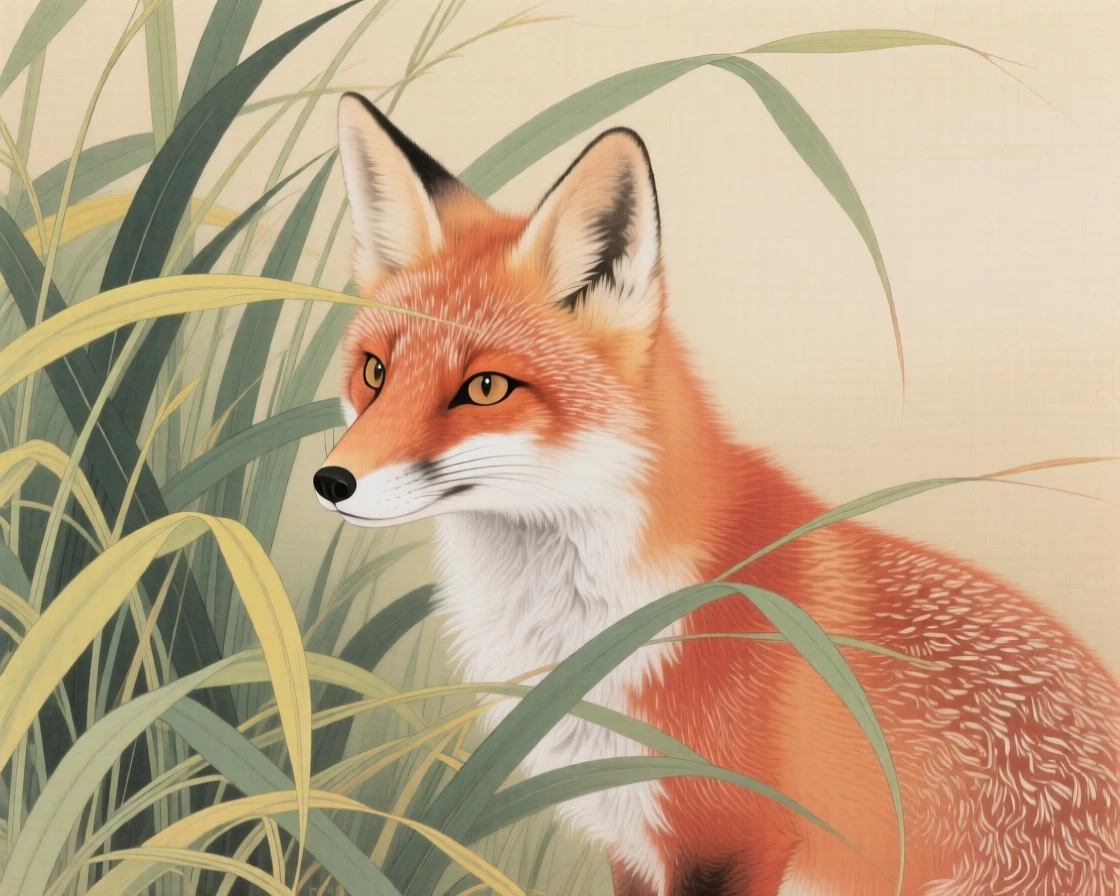 A fox peeking out from behind tall grass