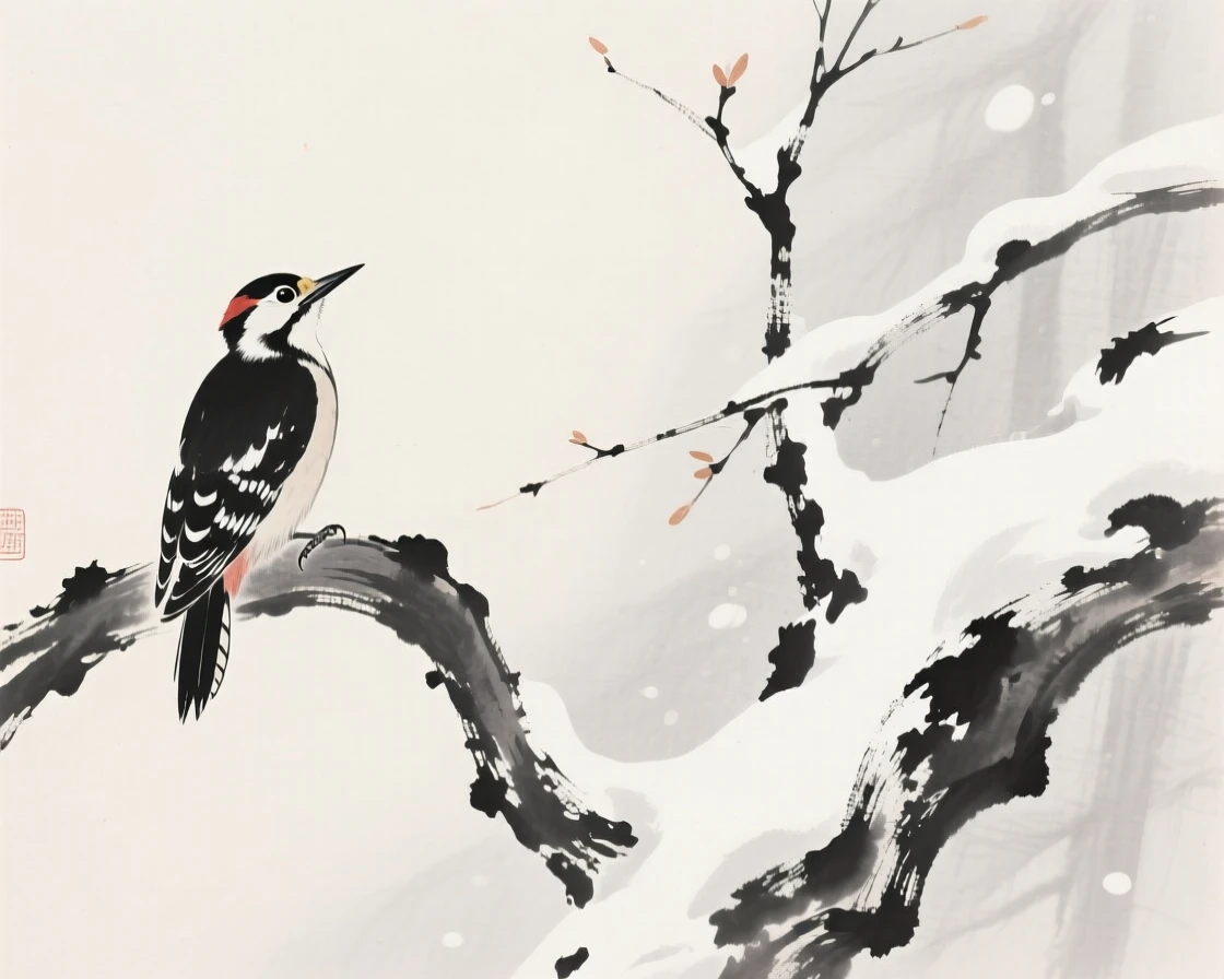 A woodpecker perched together on a curved branch beside a snow-covered branch, positioned in one corner, leaving airy negative space, suggesting renewal and the gentle passage of seasons.