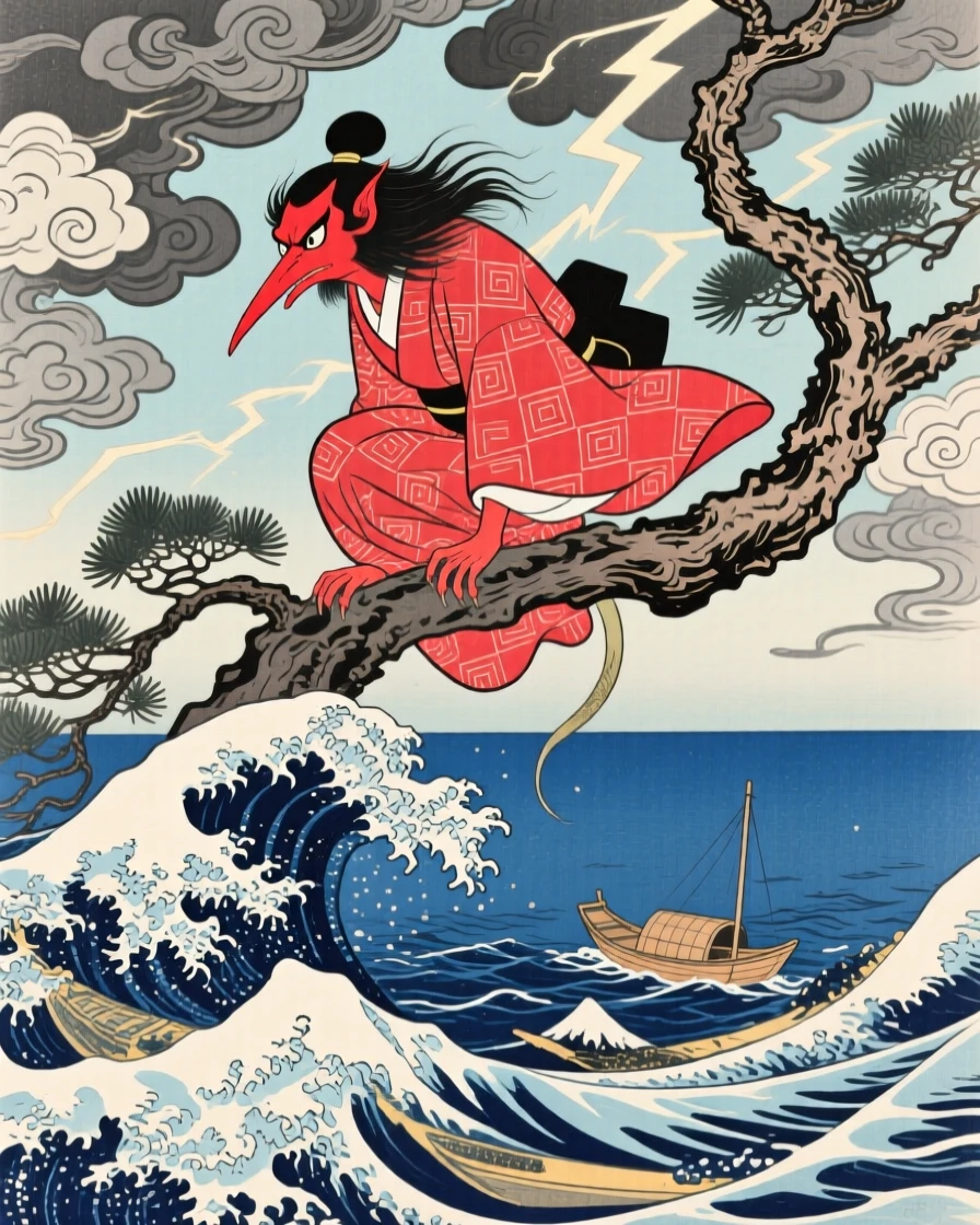 A perched tengu coiling through swirling storm clouds above the sea.