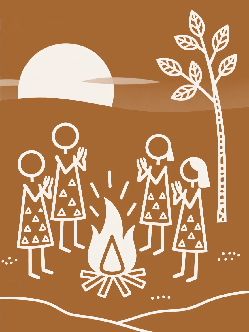 A family of worshippers around a ceremonial bonfire at dusk.