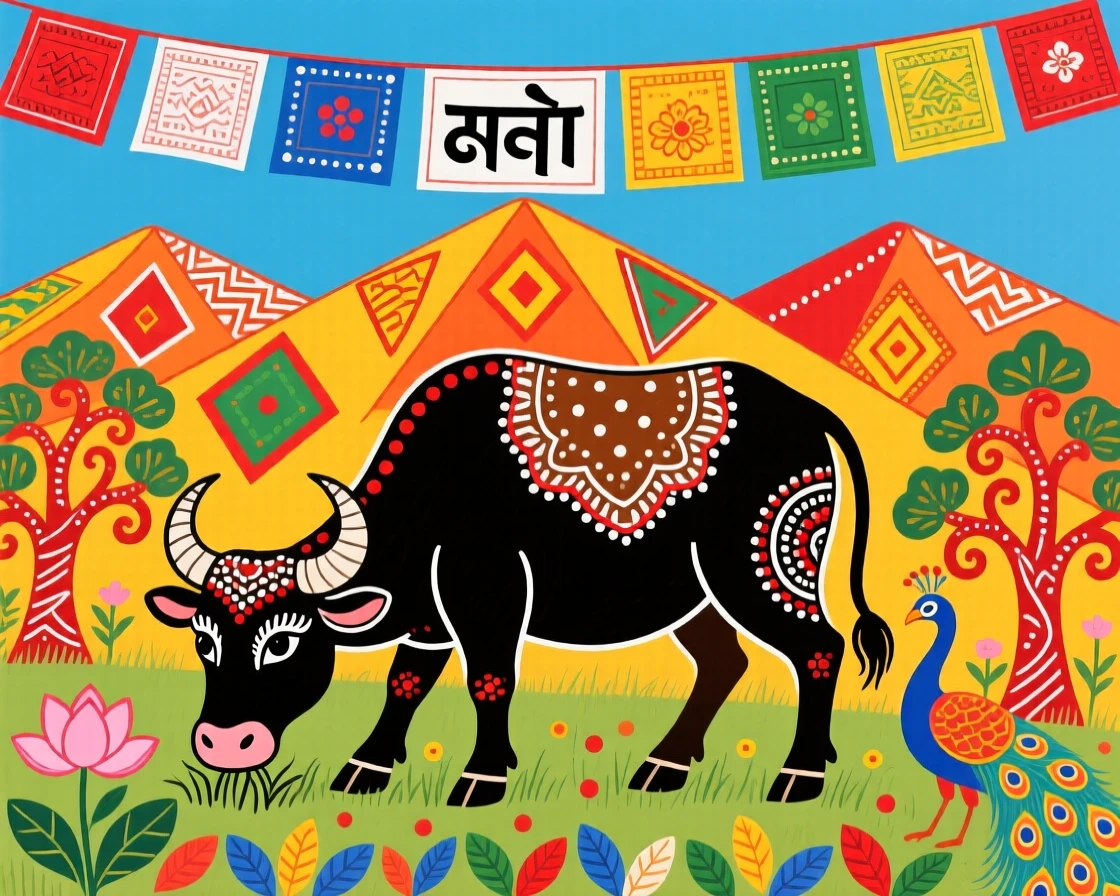 A yak grazing on a high mountain plateau beneath prayer flags.