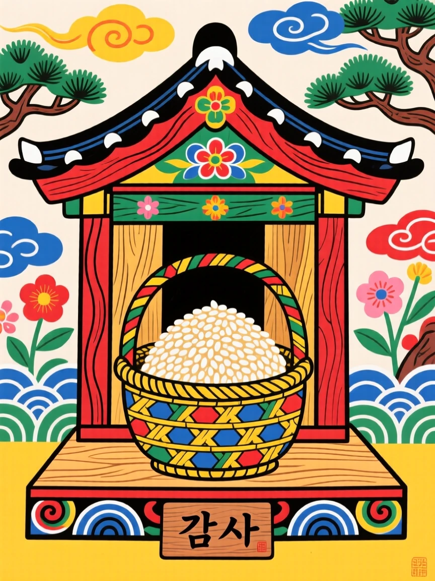 A woven basket of rice offered before a small shrine, symbolizing gratitude.