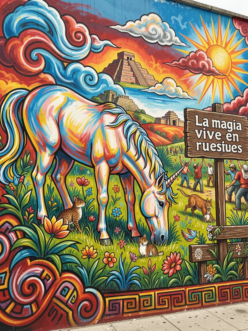 A mythical unicorn grazing in an enchanted meadow