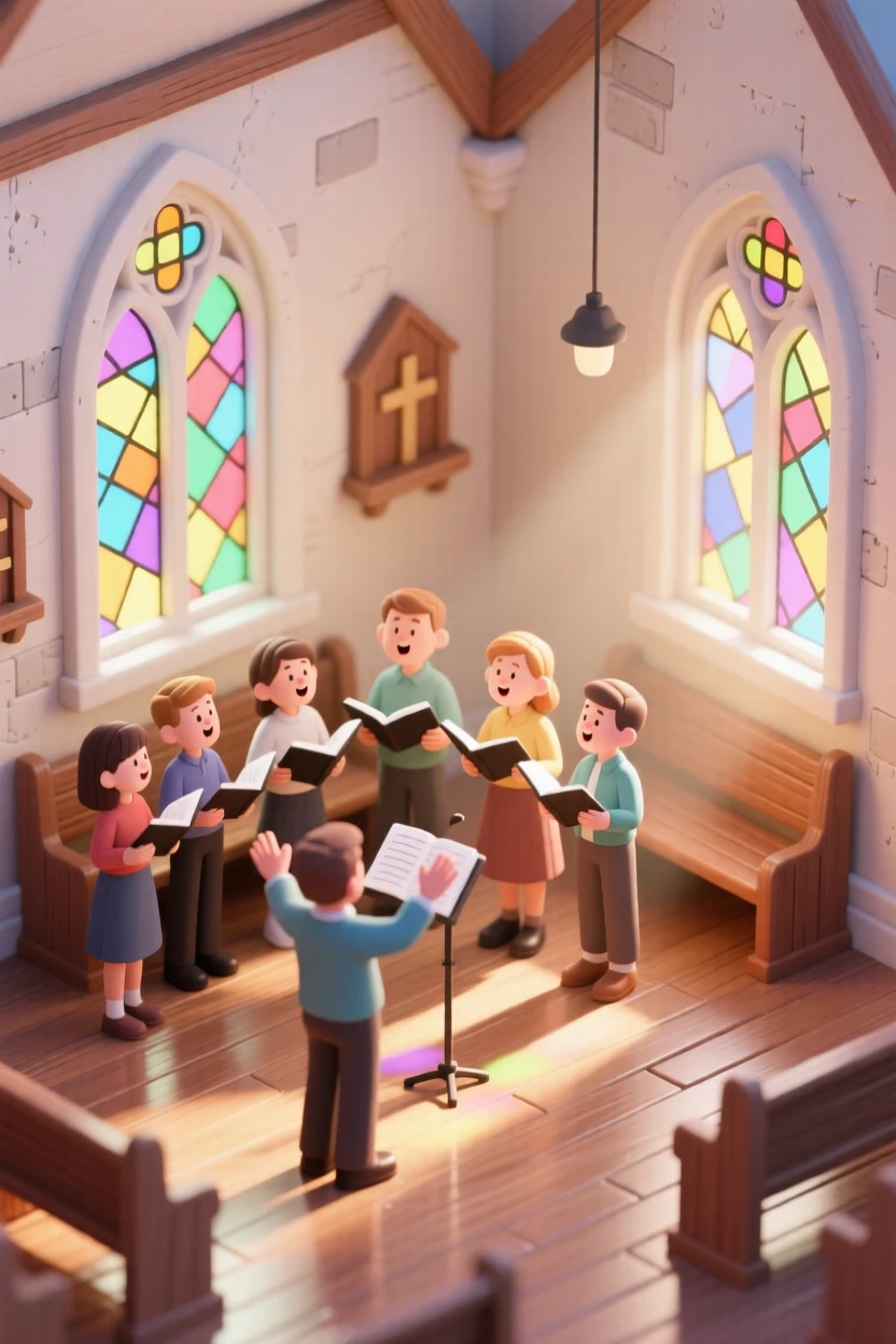 A cozy small-town choir rehearsal in a chapel, voices rising together as sunlight streams through stained glass.