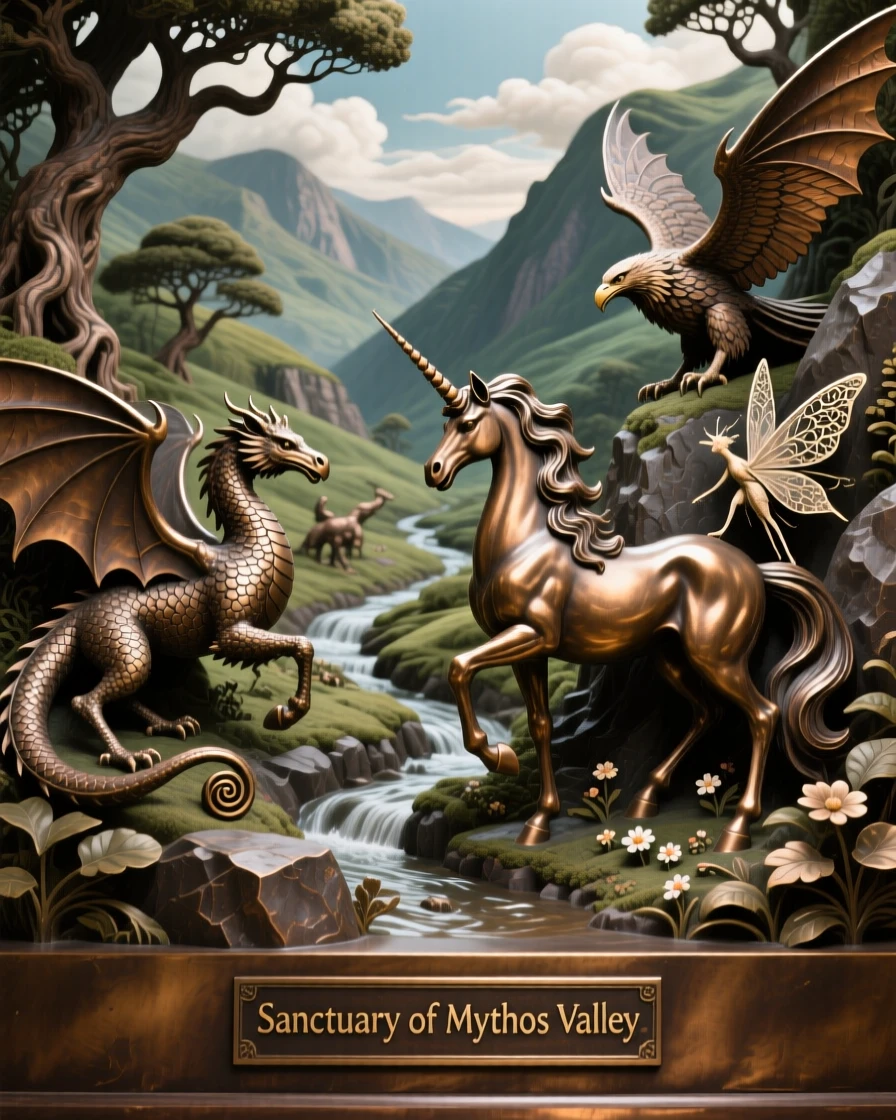 A hidden valley where mythical creatures roam freely, with intricate, fantastical detail throughout, transporting the viewer to another world