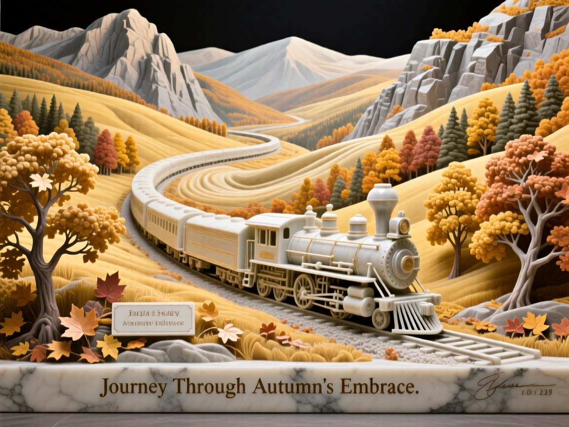 A vivid, emotionally rich scene of a train winding through a golden autumn valley, framed by dramatic natural scenery, designed to captivate and inspire