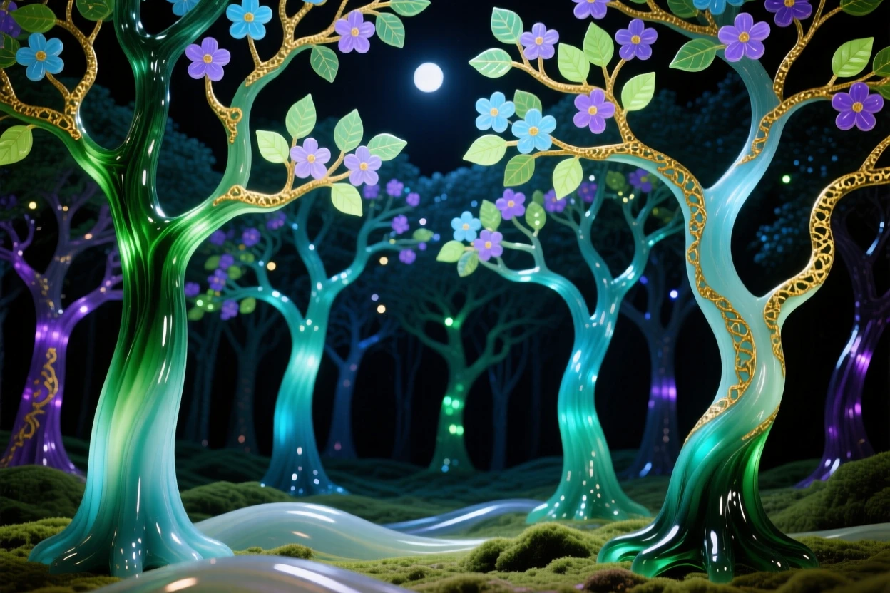 A forest where the trees glow with soft bioluminescent light at night, magical and enchanting.
