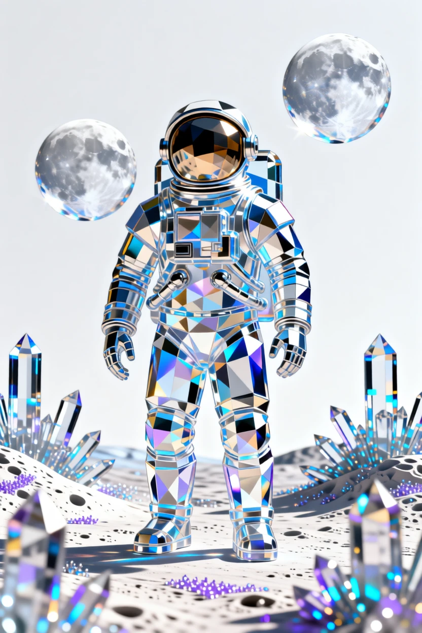 An astronaut standing on an alien planet's surface, twin moons rising over a crystalline landscape.