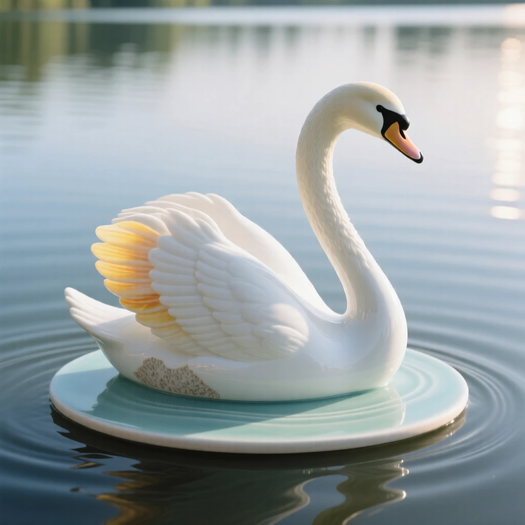 A swan gliding across a still lake caught gliding low over calm water, framed by soft rays of morning sun, evoking lightness, freedom, and grace.