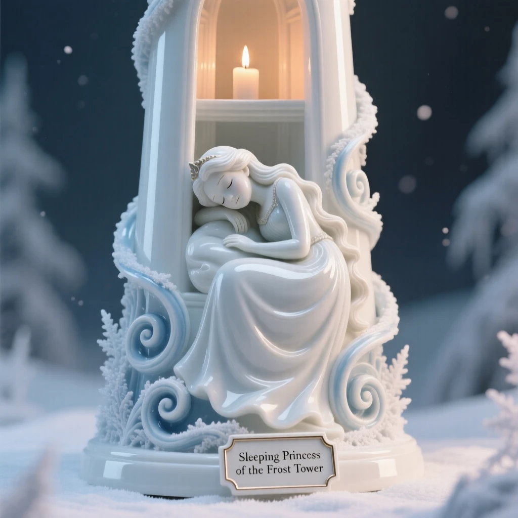 A storybook depiction of a sleeping princess in a tower commanding swirling patterns of frost, softly lit as if illuminated by a single candle.