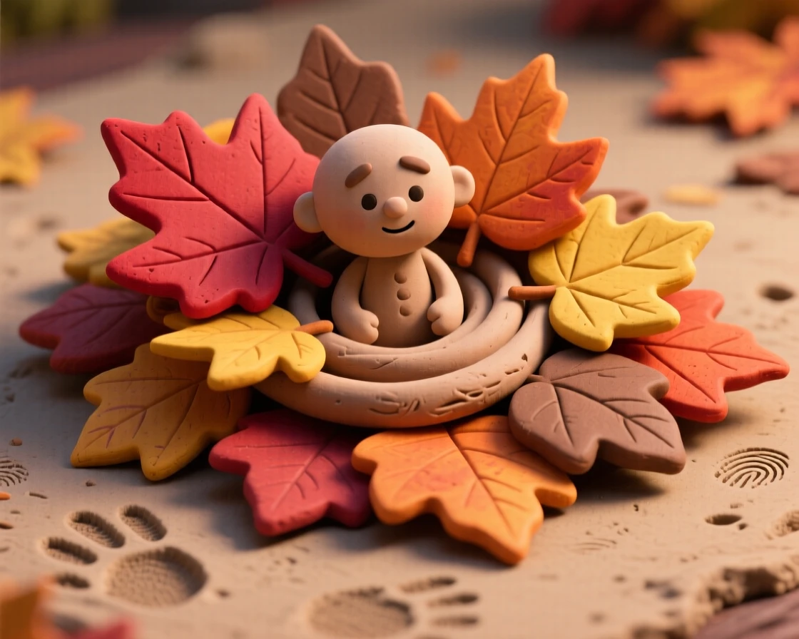 A pile of colorful autumn leaves swept into a neat spiral