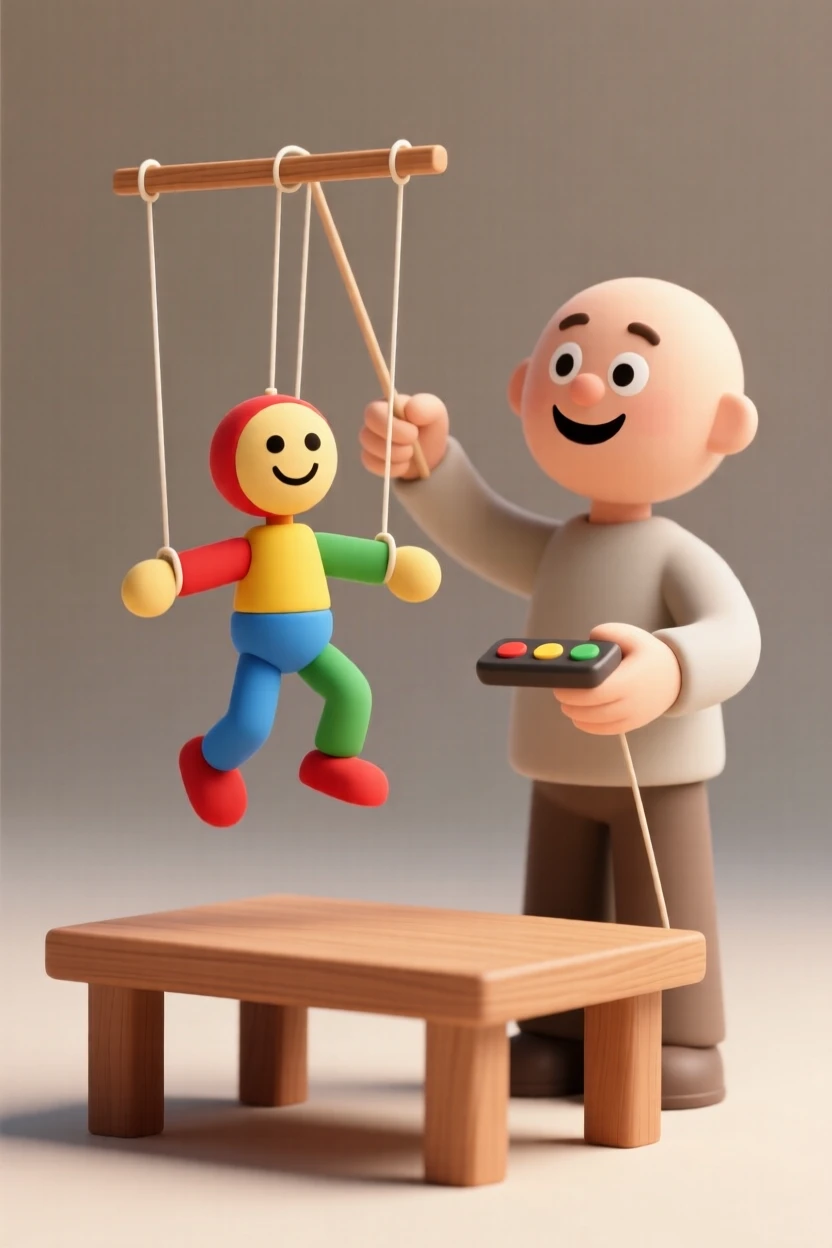 A cheerful puppeteer brings a colorful marionette to life on strings above a small wooden stage.