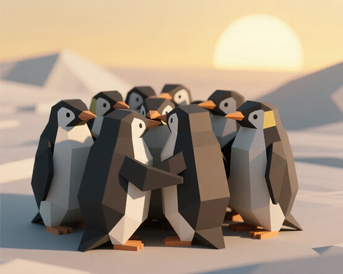 A colony of penguins huddled together, beneath a soft golden sunrise. soft natural light highlights every texture. There is a sense of quiet wonder.