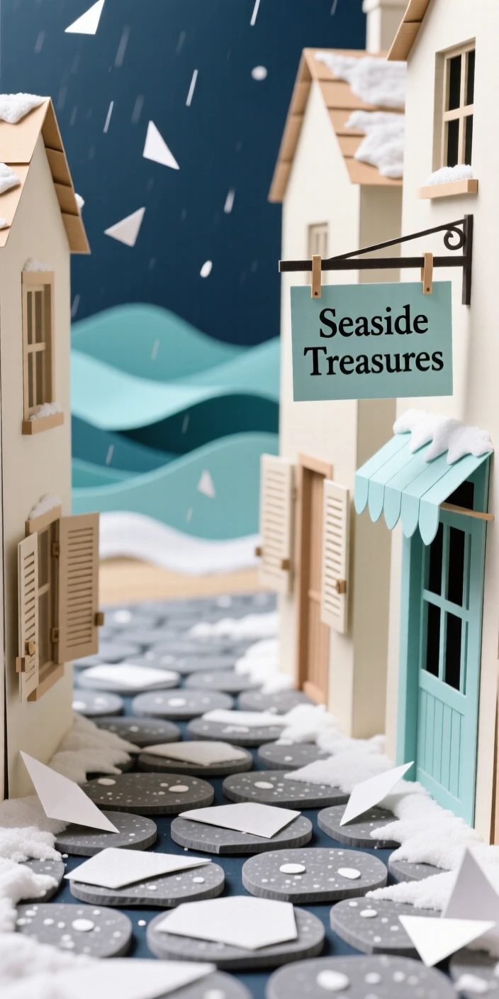 A narrow cobblestone alley in a coastal village dusted lightly with fresh snow, with cobblestones glistening from recent rain, capturing the romance of travel.