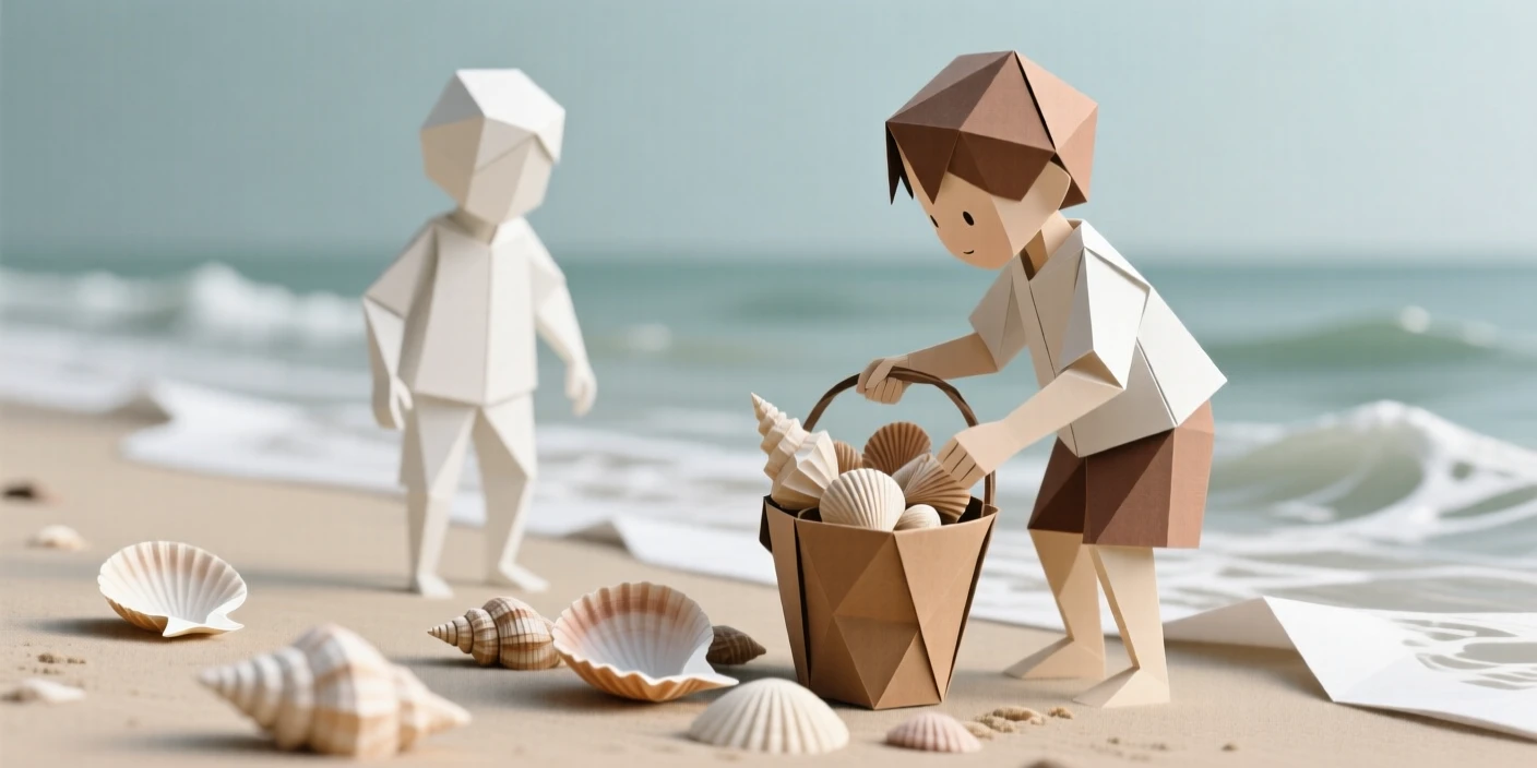 A child collecting seashells along the shoreline with a bucket nearly overflowing.