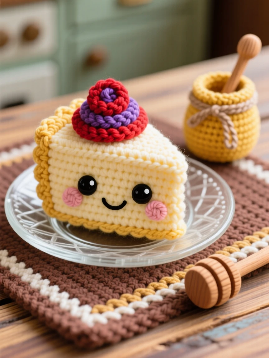 a happy slice of cheesecake character, topped with a swirl of berry sauce, served on a delicate glass plate, displayed in a rustic wooden kitchen table, with a small jar of honey with a wooden dipper, radiating bright, appetizing cheerfulness.