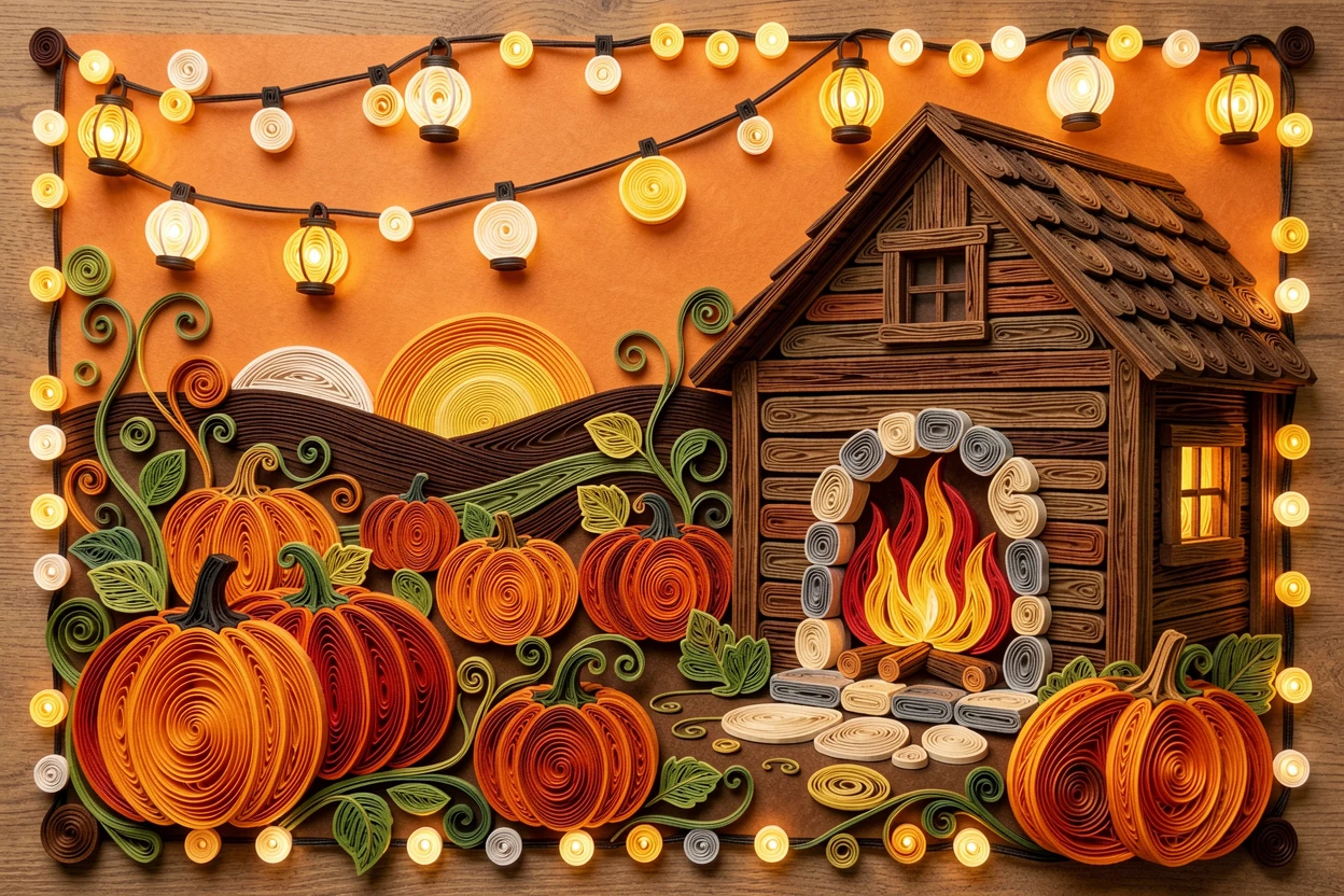 a Halloween pumpkin patch under an orange sunset, beside a crackling fireplace in a rustic cabin, framed by strings of glowing lanterns, under the warm glow of string lights.