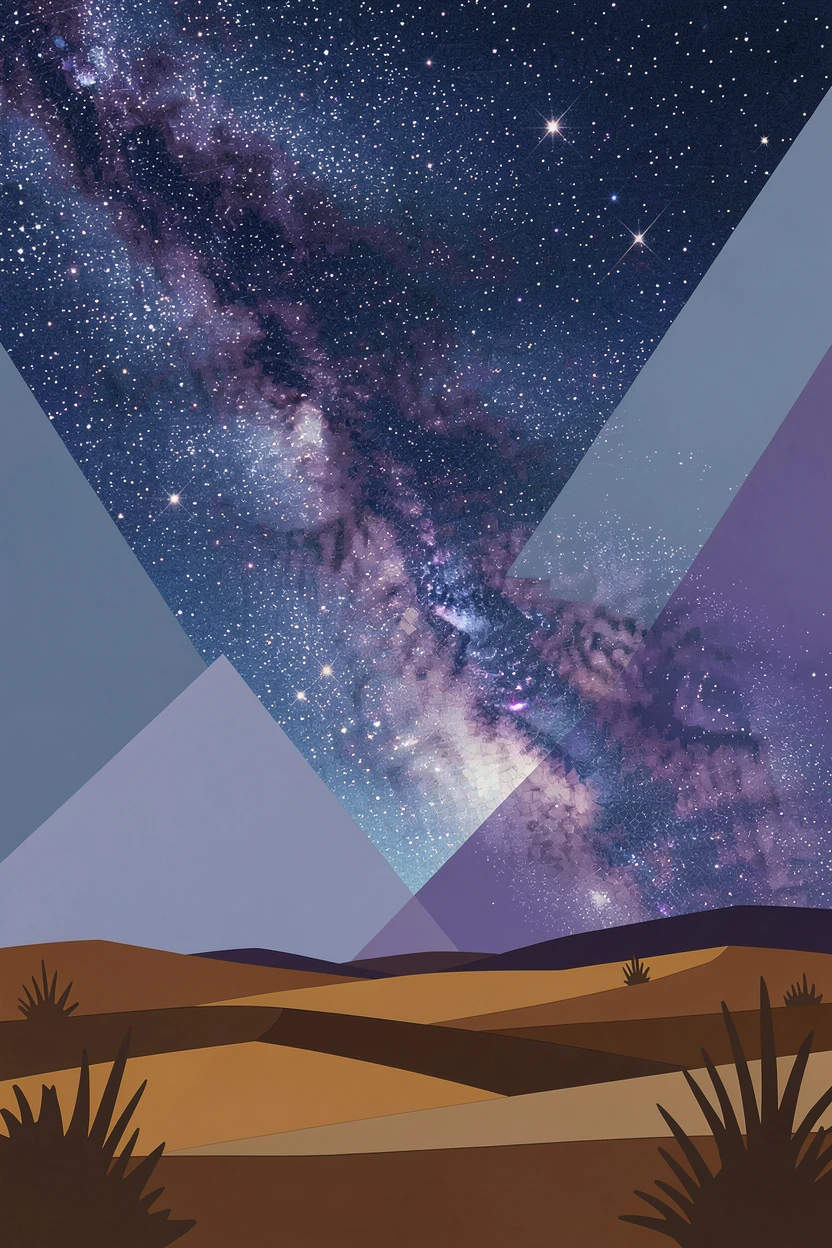 An awe-inspiring wide shot of the Milky Way arching brilliantly over a silhouetted desert landscape, evoking wonder and vastness.