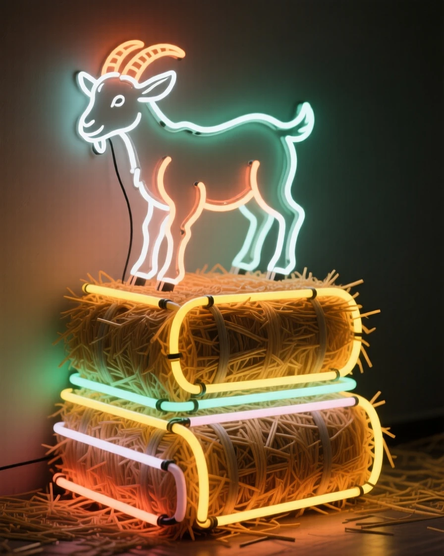 A baby goat balancing on top of a stack of hay bales.
