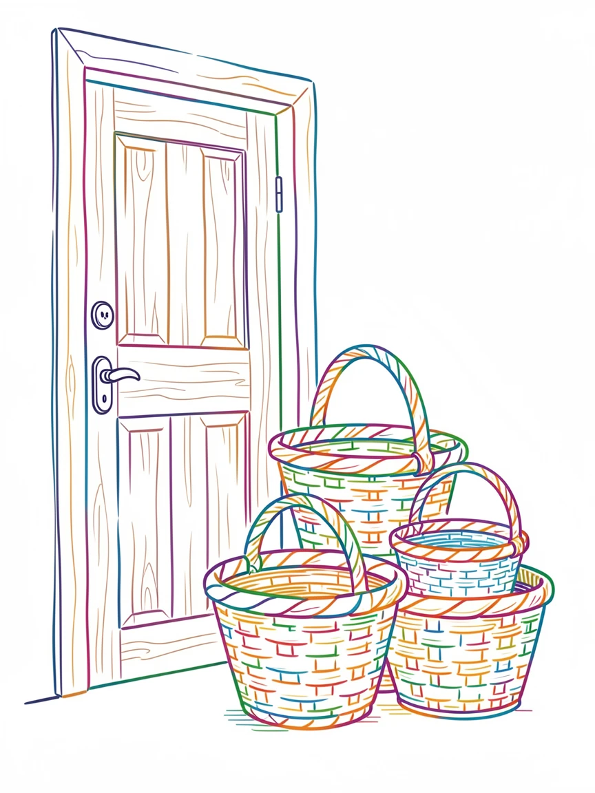A collection of woven baskets stacked beside a farmhouse door.