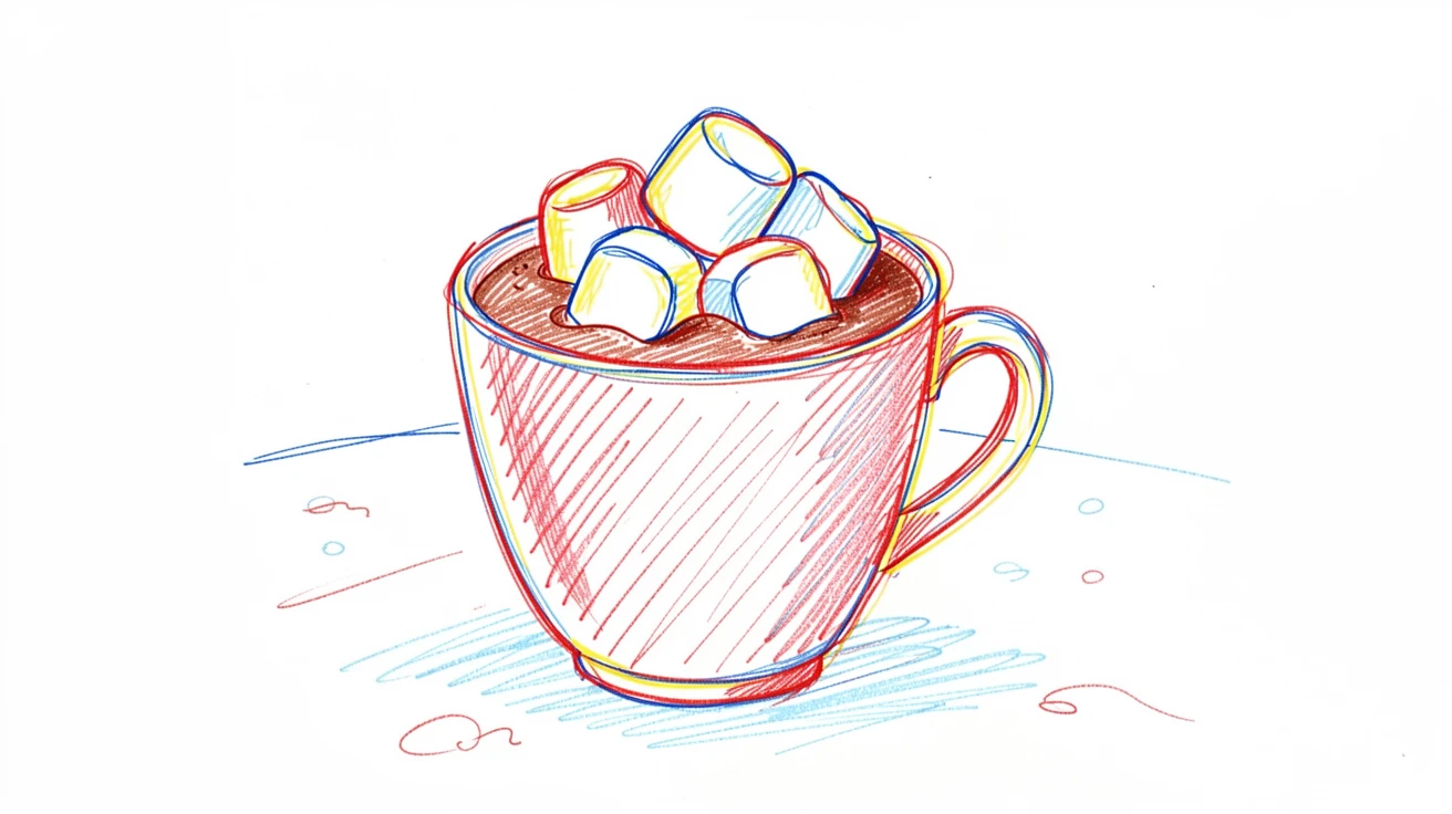 A cup of hot chocolate topped with melting marshmallows on a snowy day