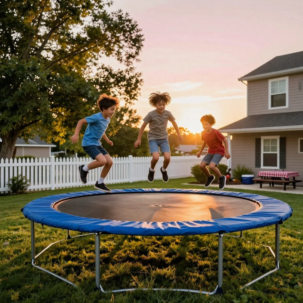 A backyard trampoline session with kids jumping at sunset