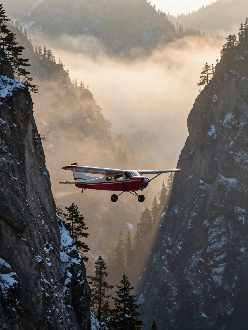 A small propeller airplane winding through a mountain valley as fog rolls across the landscape