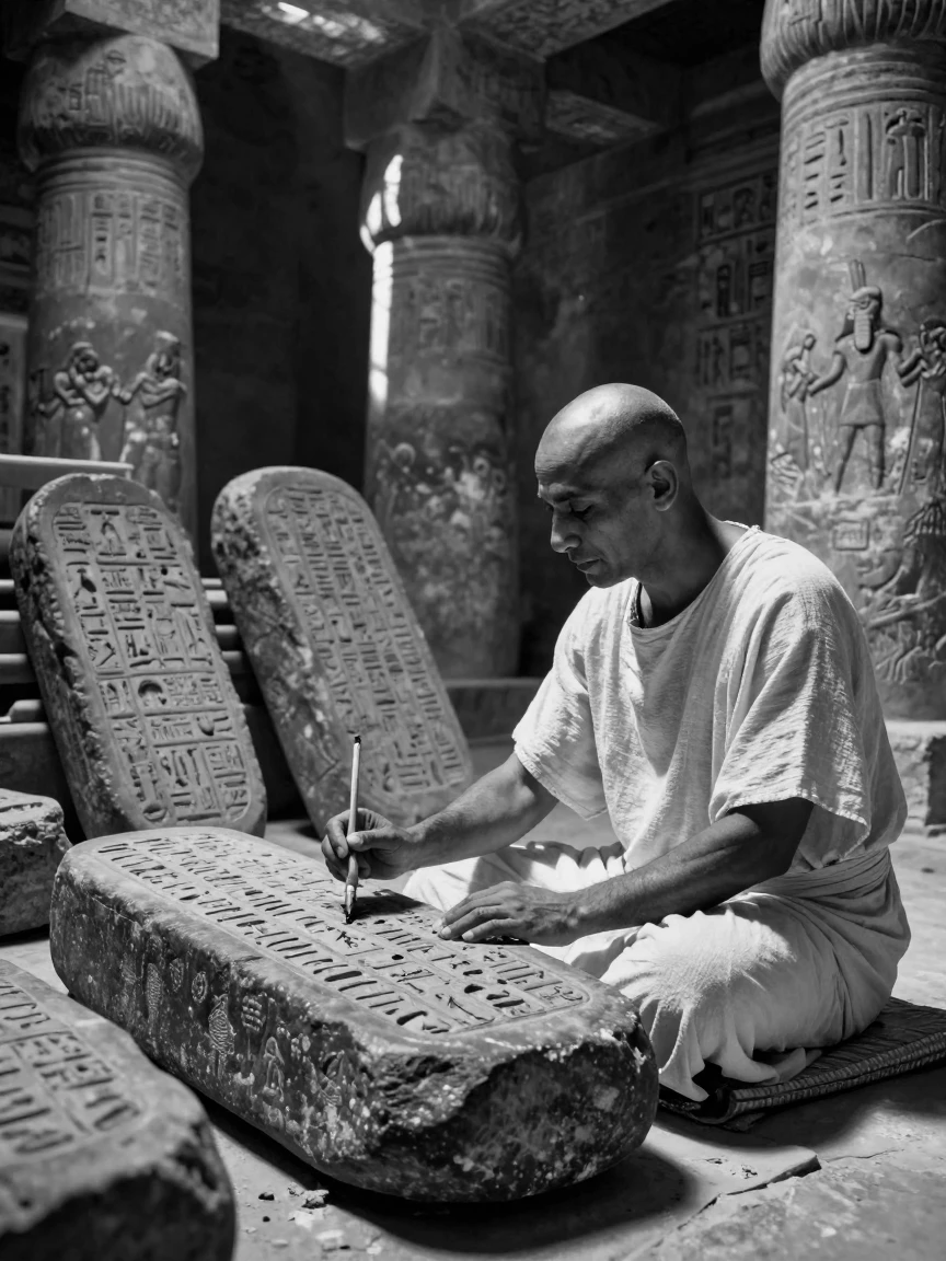 An ancient Egyptian scribe inscribes hieroglyphs onto stone tablets inside an ancient temple.