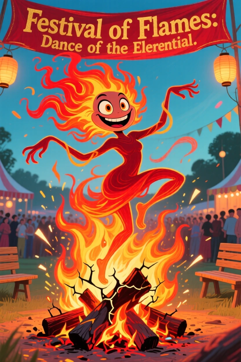 An elemental spirit of fire dancing atop a crackling bonfire at a festival.