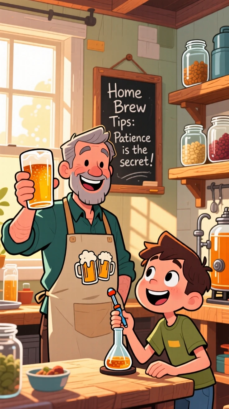An everyday-life snapshot of a home brewer, sharing their passion with an eager beginner, in a cozy sunlit workshop.