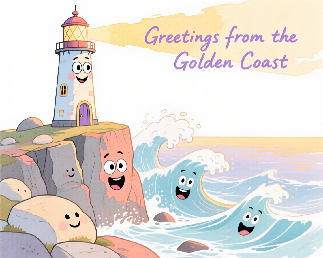 A dreamy travel postcard scene of a lighthouse on a rocky cliff overlooking crashing waves at golden sunset