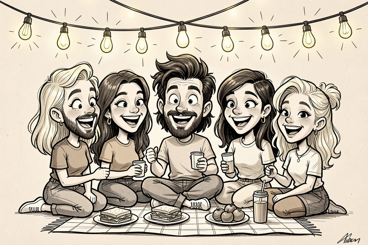 [Trending & Universal Topics] Modern lifestyle scene of a friend group having a picnic surrounded by string lights, capturing everyday joy