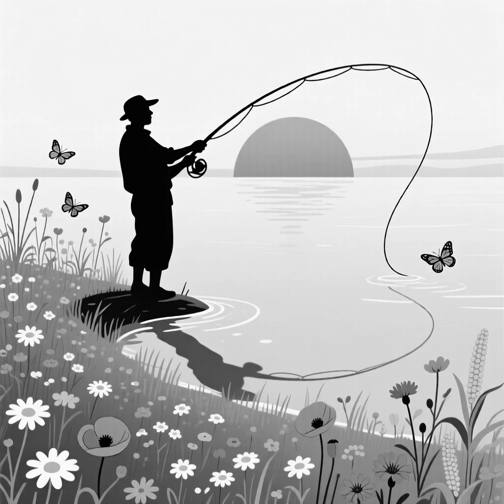 A fisherman silhouetted against a blazing sunset, casting a long, dramatic shadow across the water, set in a wildflower meadow buzzing with life. Butterflies drift lazily between the blossoms. There's a fresh, playful energy woven through the moment.