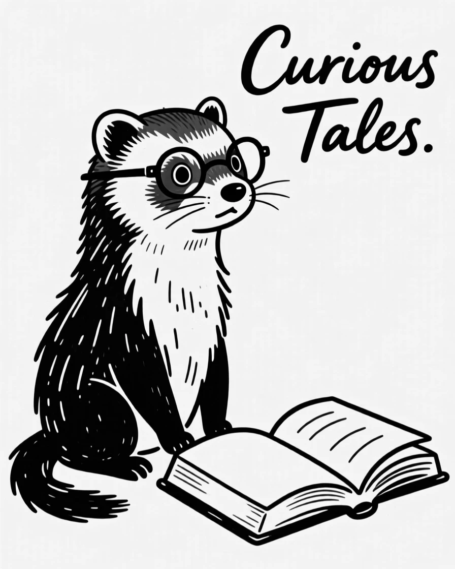 A ferret wearing tiny reading glasses, sitting beside an open book.