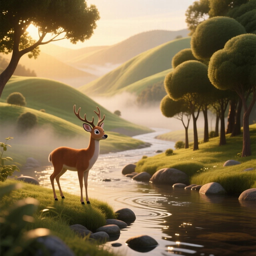 A winding river valley glows while a soft mist rolls gently across the ground, with a single deer pausing at the tree line. A gentle reverence for nature's beauty lingers here.