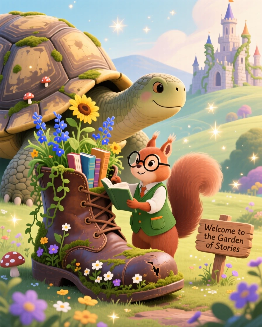 A squirrel librarian is growing a garden inside an old boot in a kingdom built on the back of a giant tortoise, as gentle sparkles settle over the scene.